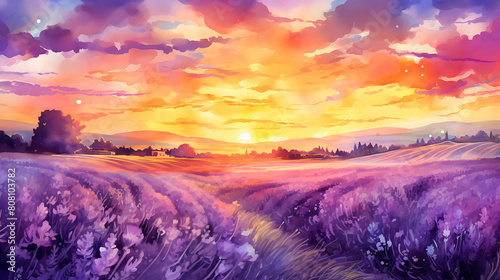 Generate a watercolor background of a vibrant sunset over a rolling lavender field