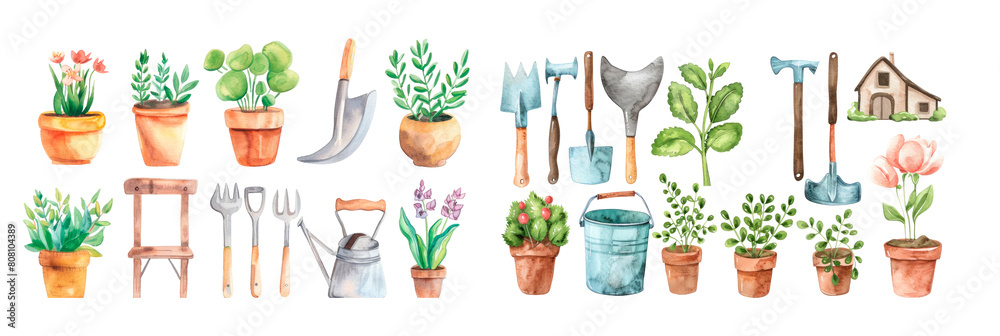 Set of Watercolor garden tools, Gardening icons, isolated on transparent background Set of Watercolor garden tools, Gardening icons, isolated on transparent background