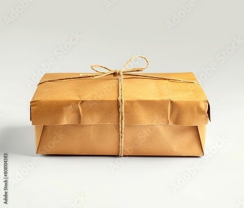 A brown paper gift box with twine tied around it.