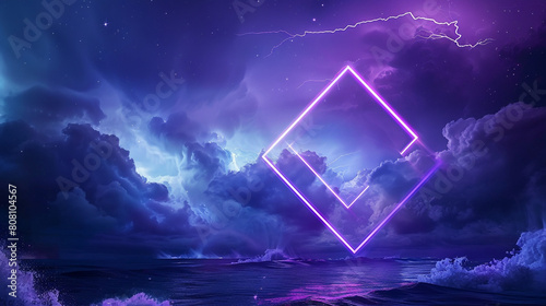 An abstract composition where a neon purple rhombus frame floats above a serene yet ominous night sky, with storm clouds brewing in the distance, 