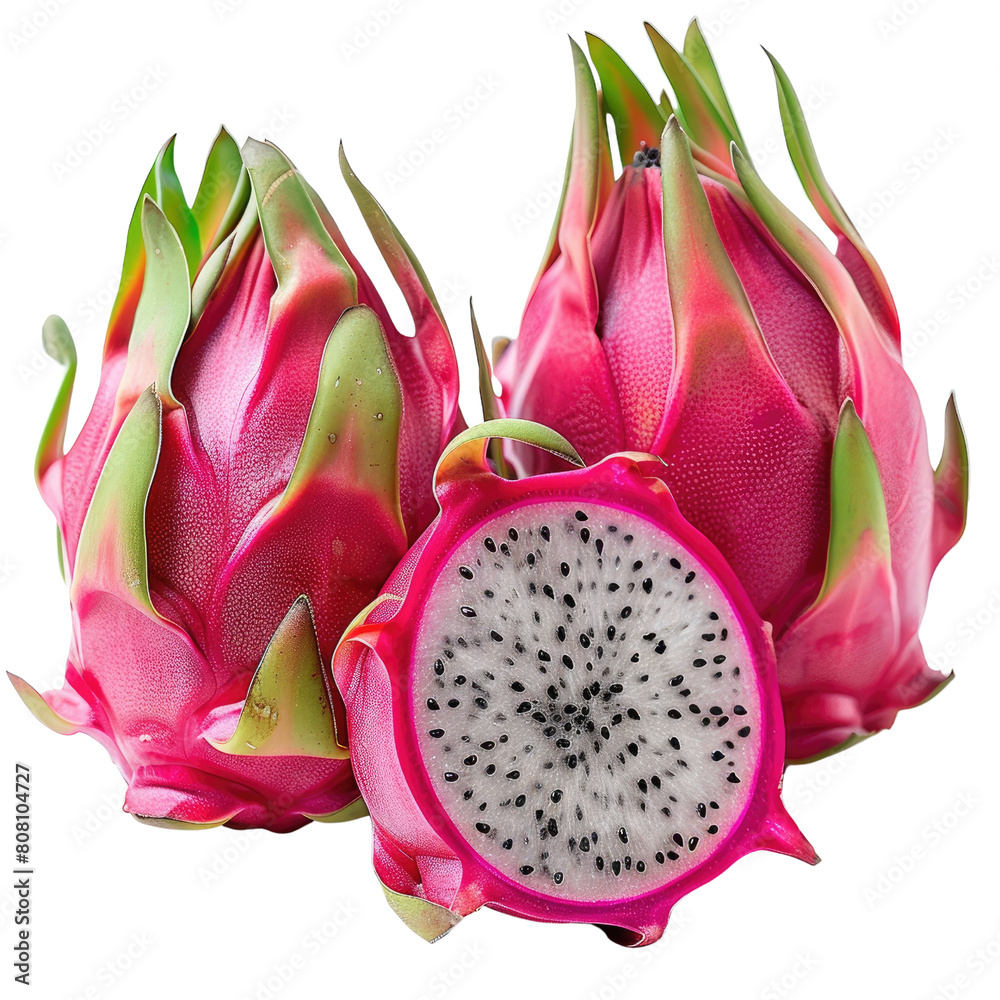 High-resolution image showcases a fresh dragonfruit, isolated on a transparent background with professional lighting, highlighting its vibrant pink hue and unique texture. High-resolution image showcases a fresh dragonfruit, isolated on a transparent background with professional lighting, highlighting its vibrant pink hue and unique texture.