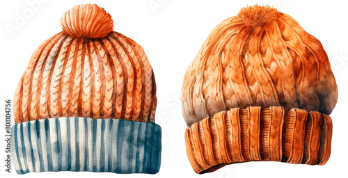 Set of watercolor knit hat, isolated on transparent background photo