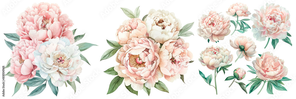 Set of  watercolor peony bouquet, blush and cream color palette, isolated on transparent background