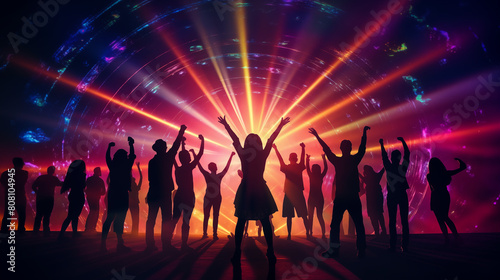 A group of friends dancing in a circle, silhouetted against the colorful lights of a music festival stage