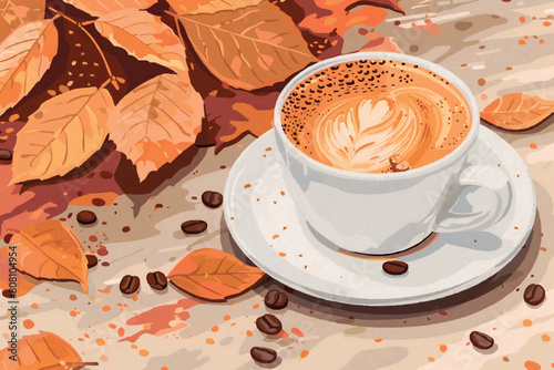 Cup of coffee on the table outside with red autumn leaves in the background