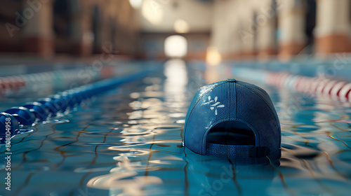 A closeup of Swimming Swim cap, against Pool as background, hyperrealistic sports accessory photography, copy space