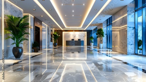Elegant contemporary commercial lobby with marble floors following professional cleaning. Concept Marble Flooring  Commercial Lobby  Professional Cleaning  Elegant Design  Contemporary Decor