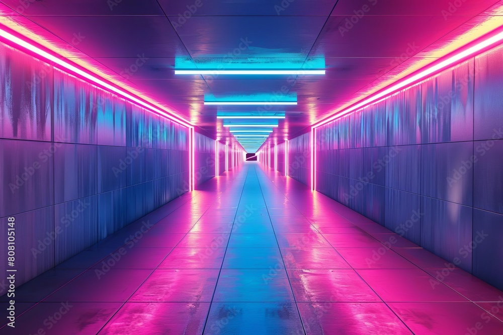 Abstract corridor with illuminated lines leading into the distance, perfect for themes of the future, innovation, or digital travel