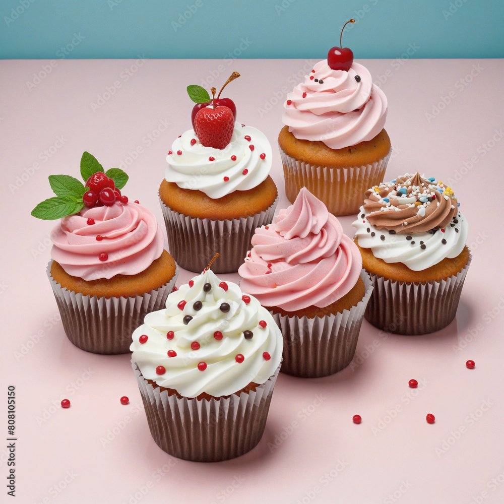 Set of cute delicious cupcakes isolated on transparent background