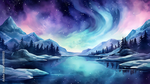 Generate a watercolor background depicting a frozen lake under the northern lights