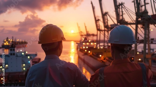 Two engineers in hard hats looking out at a busy shipping port at sunset.