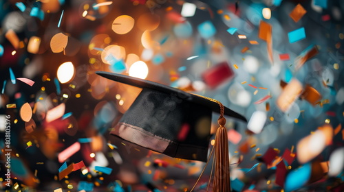Black graduation cap on celebrating background with confetti and lights. Banner, copy space