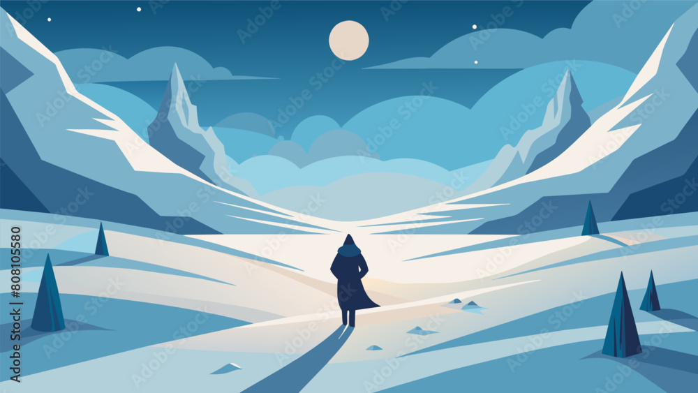 Obraz premium A snowy landscape with a lone figure peacefully walking through embodying the calm of stoicism in the face of harsh conditions.. Vector illustration