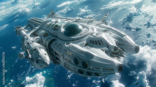 Capture the grandeur of a futuristic spaceship resembling Captain Ahabs ship in Moby Dick from a worms-eye view using stunning CG 3D techniques Emphasize intricate details and unus photo