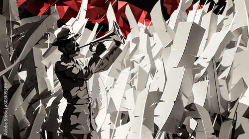 A dynamic papercut scene showing a bugler playing Taps at a military funeral, with paper flags in the background. photo