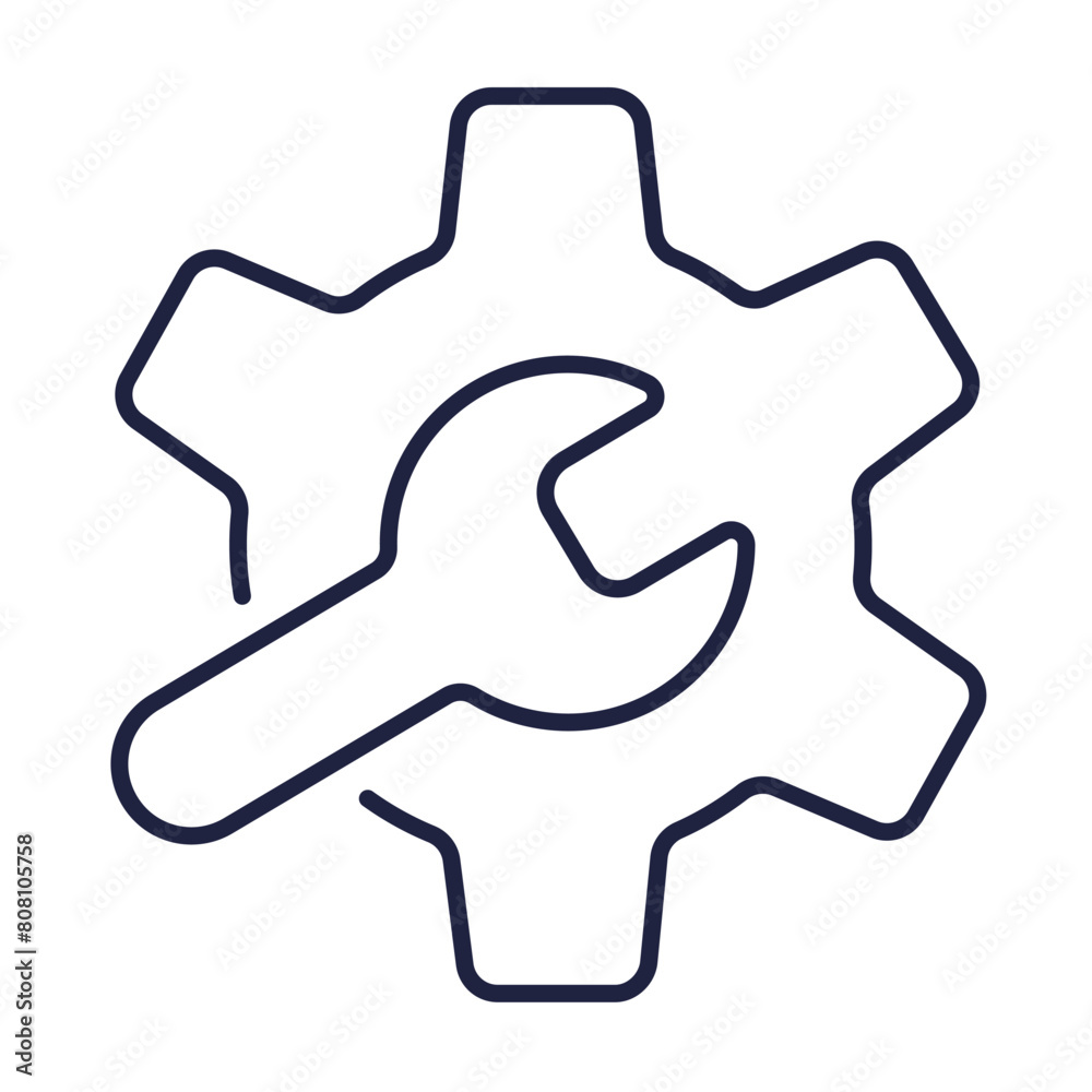 Wrench and gear line icon. Service tools, cogwheel and screwdriver. Simple style. Linear symbol on white background. Editable vector stroke. Pixel Perfect. Wrench and gear line icon. Service tools, cogwheel and screwdriver. Simple style. Linear symbol on white background. Editable vector stroke. Pixel Perfect.