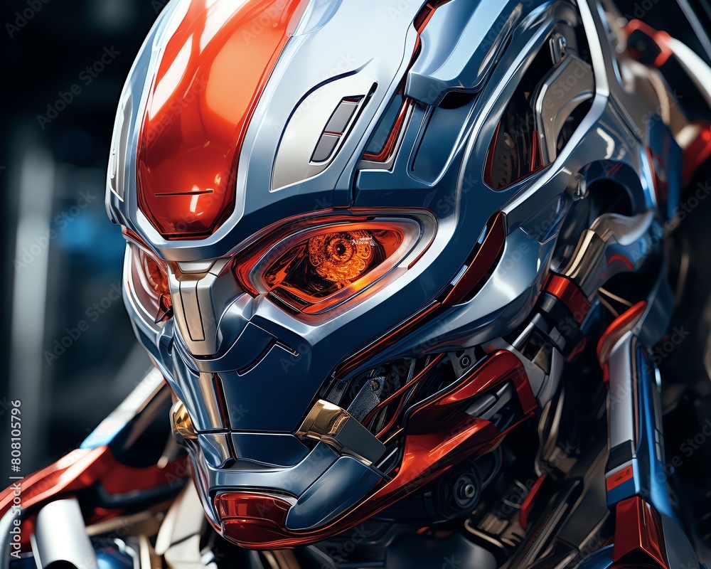 Generate a realistic image of a robot's face. The robot should be made of metal and have a red and blue color scheme. The robot's eyes should be glowing red. Generate a realistic image of a robot's face. The robot should be made of metal and have a red and blue color scheme. The robot's eyes should be glowing red.