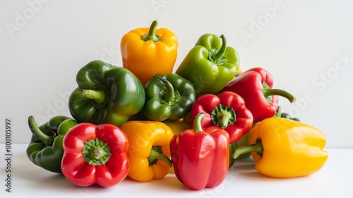 Multiple bell peppers stacked in a casual pile, each color popping against the white background, illustrating a fresh, healthy vibe photo