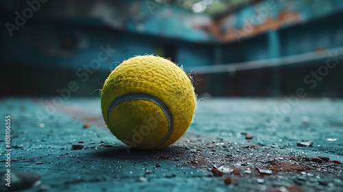 A closeup of Tennis ball, against Court as background, hyperrealistic sports accessory photography, copy space © Sports