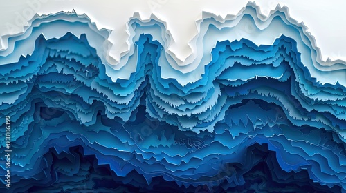 A layered papercut of historical sea levels with current levels, using gradients of blue to depict the increase. photo