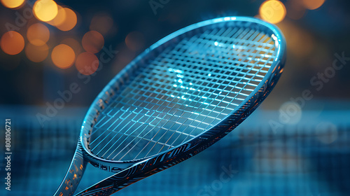 A closeup of Tennis racket, against Court as background, hyperrealistic sports accessory photography, copy space