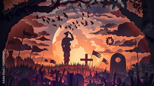 A layered papercut showing a soldier saluting a grave at a national cemetery, with paper wreaths and flags. photo