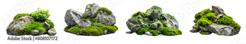 Collection of mossy rocks garden isolated on transparent or white background