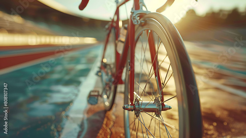 A closeup of Track Cycling Track bike, against Velodrome as background, hyperrealistic sports accessory photography, copy space