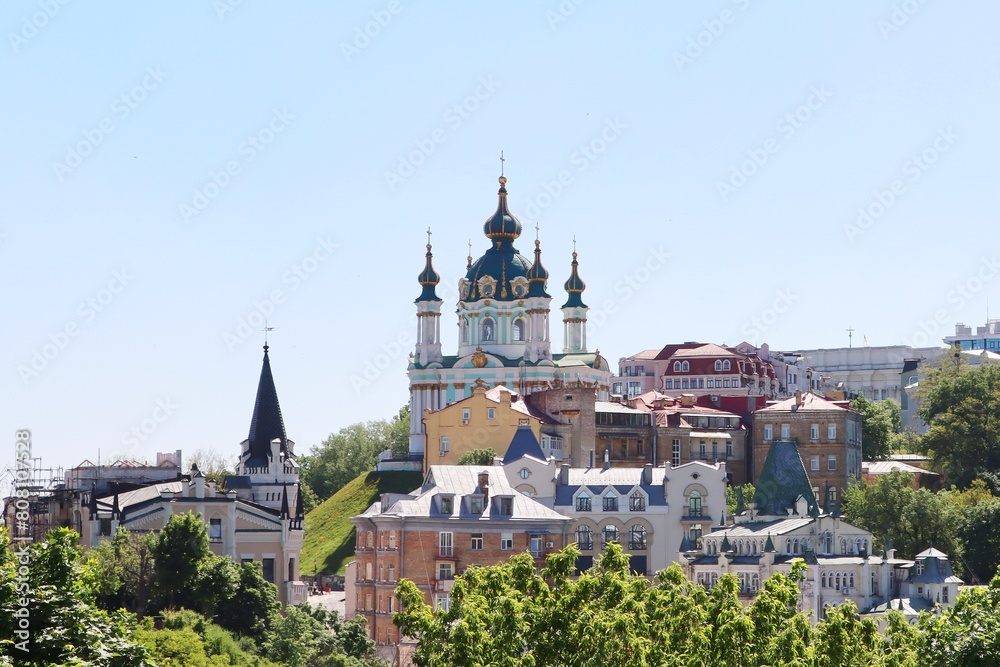 kyiv, ukraine, andreevskaya church, cathedral, architecture, religion, orthodox, cross, building, travel, landmark, cupola, old, orthodoxy, faith, christ, history, culture