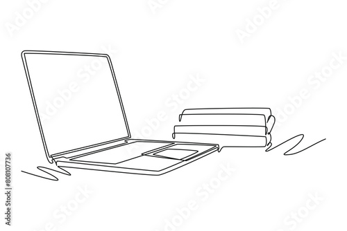 One continuous line drawing of office supplies concept. Doodle vector illustration in simple linear style.
