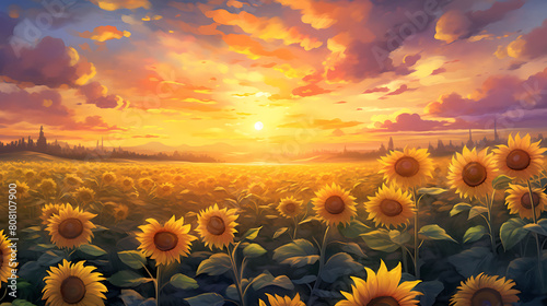 Illustrate a watercolor background of a sunflower field at sunset, with the flowers turning towards the last light photo