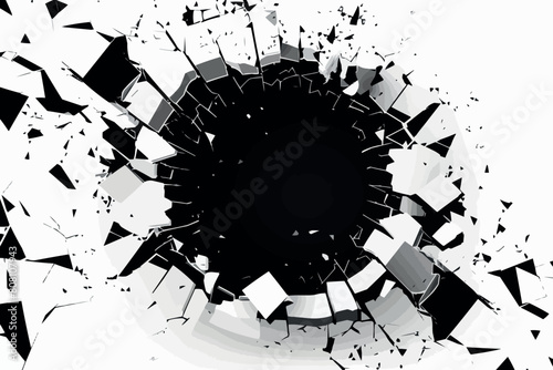 Exploding wall with free area on center. Dark destruction cracked hole in white stone wall. 3d render illustration