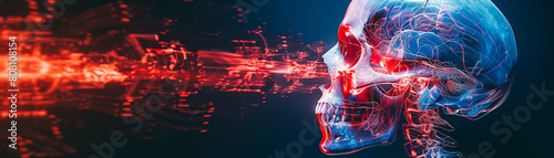 The image shows a skull with a red and blue light. The skull is in focus. The background is out of focus and is a dark blue color. photo