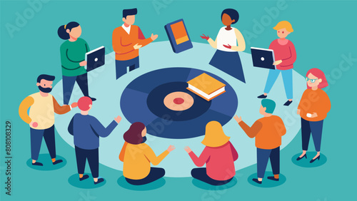 As the event winds down attendees gather in a circle for a record exchange each person presenting a favorite album from their collection to share with Vector illustration