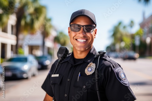 Smiling african american female police officer standing confidently on city street © sorin