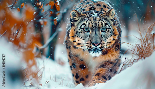 Stunning Snow Leopard Stalking Through the Snowy Forest