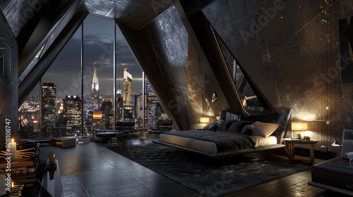 An architecturally stunning penthouse bedroom, where the beauty of the night cityscape is magnified by the room's high ceilings  photo