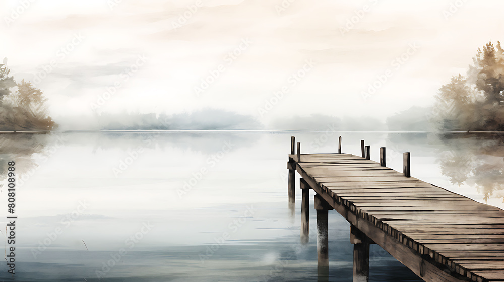 Illustrate a watercolor background of an old wooden pier extending into a calm lake