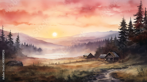 Illustrate a watercolor background of a peaceful morning in a mountain cabin  with the first light of dawn peeking through the trees