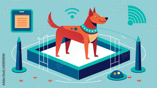 A hightech dog playpen with builtin sensors that respond to a dogs barks and movements triggering games and rewards to keep them entertained and. Vector illustration