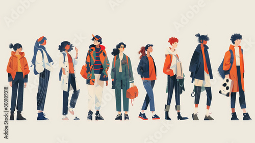 A stylized illustration showing a diverse group of eight animated characters, each with a unique fashion style, standing side by side in a line-up. photo