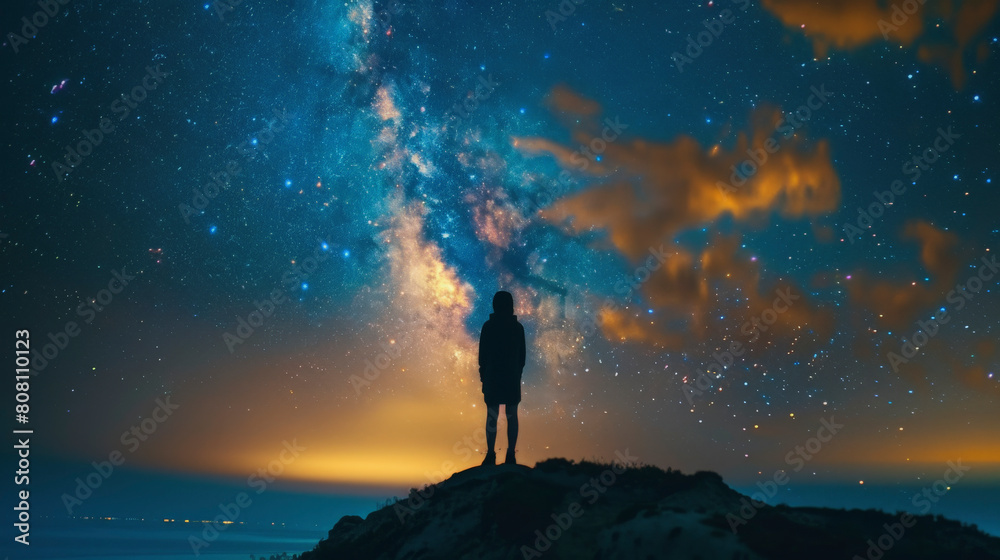Fototapeta premium A person stands on a hilltop under a starry night sky, gazing at the vast Milky Way, with clouds illuminated by a distant city's glow.