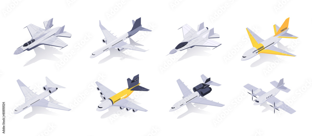 A collection of various aircraft models, isolated on a white background, showcasing aviation concepts. Set of detailed vector illustrations isolated on white backgrounds