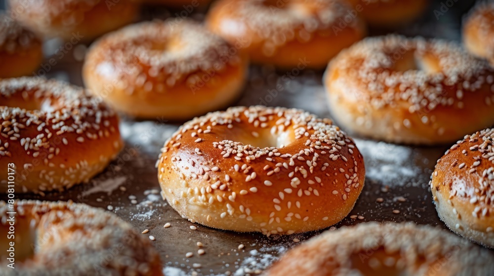 baking homemade bagels, freshly baked homemade bagels, topped with sesame seeds and a hint of sea salt, creating a perfect flavor combination