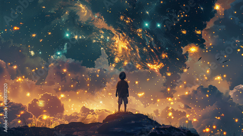 A child stands atop a hill gazing at a spectacular cosmic scene with stars  nebulae  and galaxies  reflecting a sense of wonder and adventure.