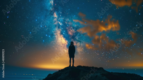 A person stands on a hilltop under a starry night sky, gazing at the vast Milky Way, with clouds illuminated by a distant city's glow.