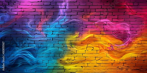 Colorful graffiti drawings on urban brick wall create vibrant visual display. Concept Graffiti Art, Urban Aesthetics, Colorful Displays, Street Photography, Vibrant Walls