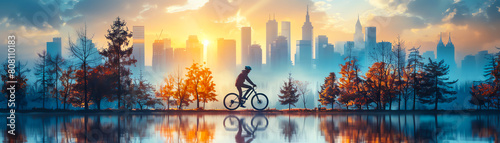 The picture shows a cyclist riding a bicycle on a city street with a beautiful sunset in the background. © Parinwat Studio