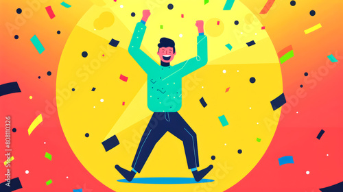 Triumphant person celebrates success with raised arms, surrounded by confetti.