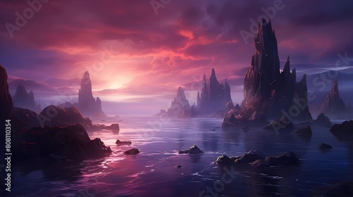 Fantasy seascape with fog and mountains at sunset. 3D illustration © A